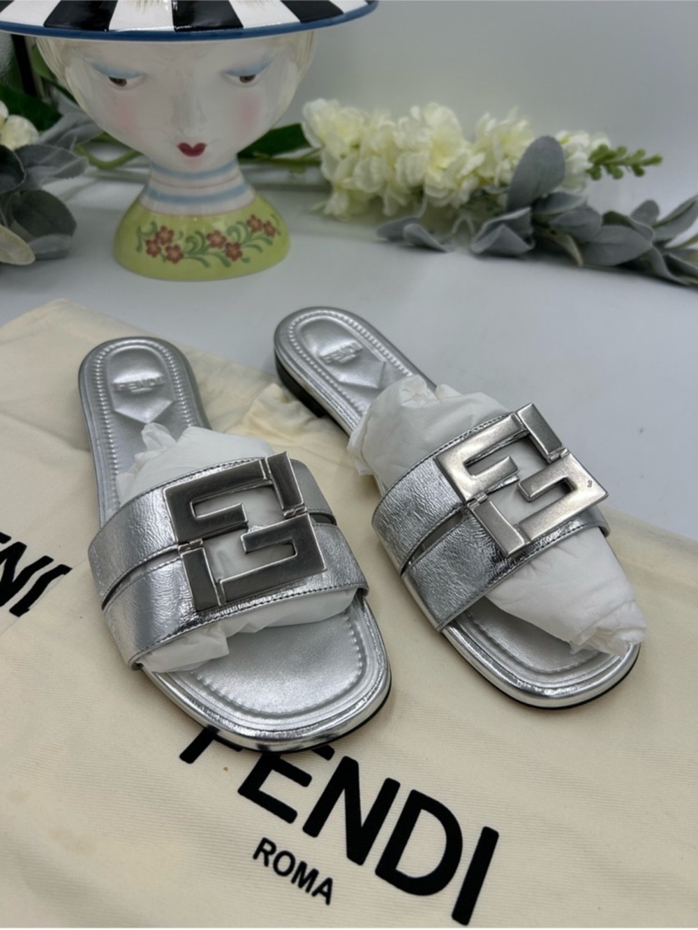 Women's Fendi Silver Metallic Logo Double-Band Slide Sandals. Size 38